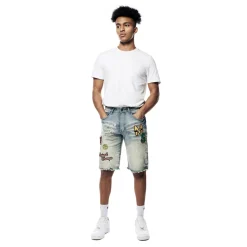 Laser Printed Varsity Denim Shorts