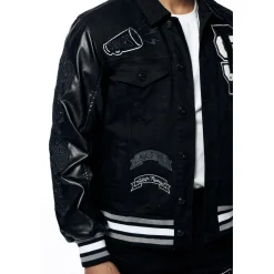 Varsity Vegan Leather & Denim Jacket